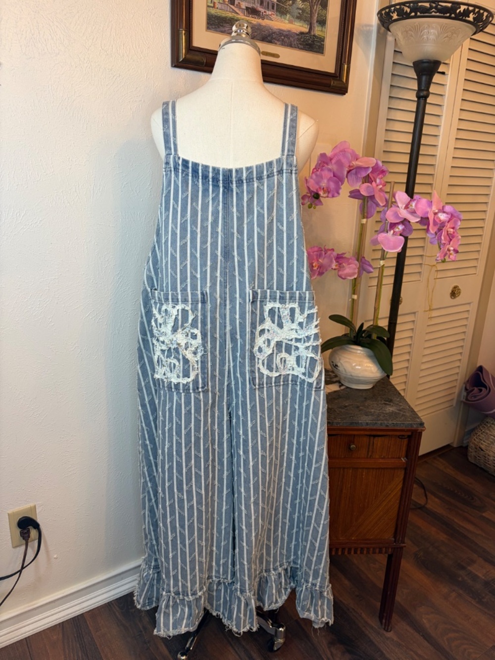 POL Boho Striped Wide Leg Overalls Ruffle Hem Lace Patch Pocket Distressed Large - Picture 3 of 8